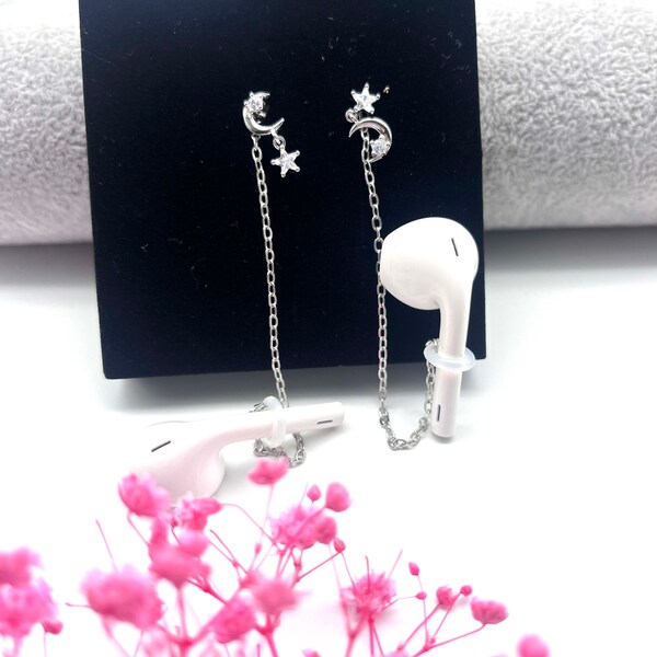 Pendientes antipérdida AirPods de plata de ley s925/Cadena antipérdida AirPods/colgantes de estrellas y sol lunar Accesorios AirPods/Joyería AirPods