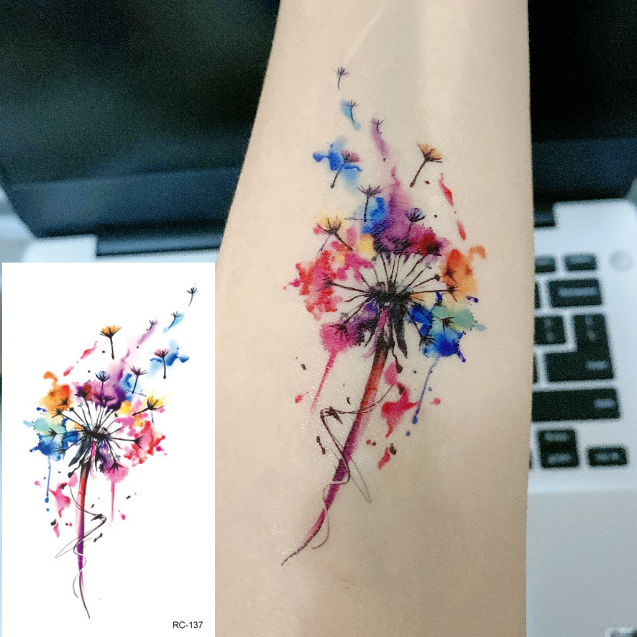 Watercolor style tattoo of a dandelion flower on the