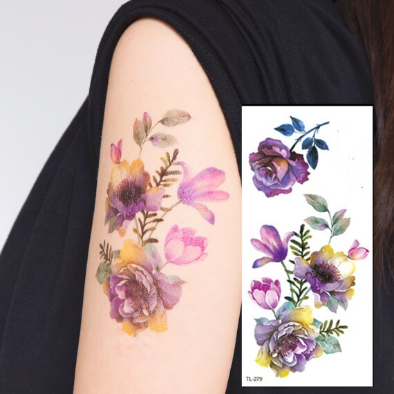 Temporary flower tattoo/Colorful temporary tattoo/Retro Etsy