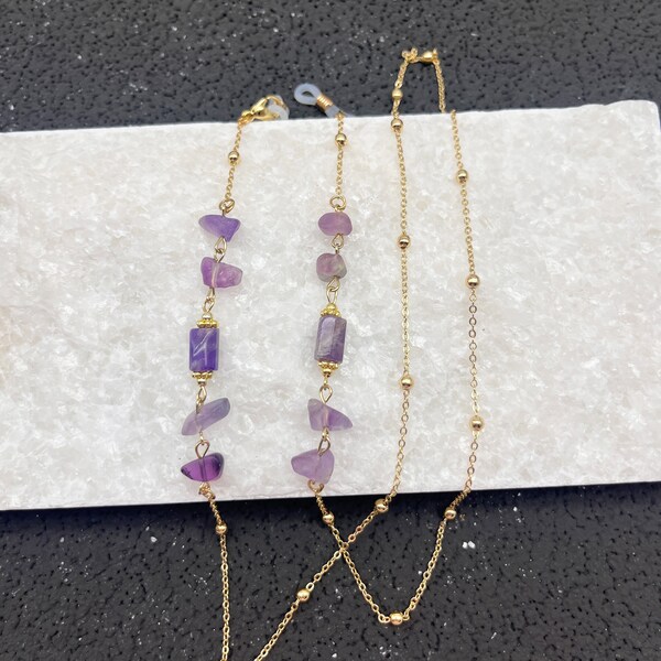 Amethyst eyewear chain, natural stone beaded eyewear chain, gold-plated color retaining eyewear chain