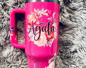 40oz Pink Flower Tumbler With Handle