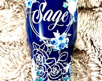 Blue Watercolor Flower Tumbler with Peek-a-boo Glitter Features