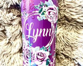 Custom Purple Glitter Flower/Rose Tumbler