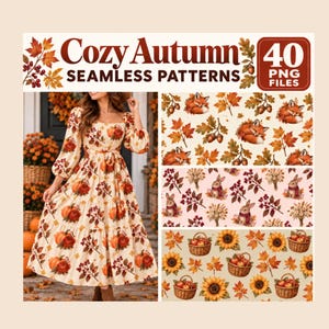 Könnte beinhalten: Eine digitale Grafik mit dem Text Cozy Autumn Seamless Patterns 40 PNG Files. Sie zeigt ein langärmeliges Kleid mit Kürbis- und Blattmuster sowie drei Musterkacheln mit Füchsen, Hasen und Sonnenblumen in Körben.