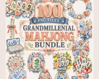 Puede incluir: Una colección gráfica digital titulada 100 PNG FILES GRANDMILLENNIAL MAHJONG BUNDLE con ilustraciones de fichas de mahjong, patrones florales en azul y blanco, rosas rosadas, hortensias, cintas, bolsas de regalo y arreglos.