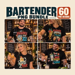 Könnte beinhalten: Eine digitale Sammlung von 60 Barkeeper-PNG-Designs mit schwarzen T-Shirts, bunten grafischen Illustrationen von Cocktails und humorvollen Texten wie My Patience Is On Ice, Please Order As A Team, Proud Of My Pour und Your Round My Cardio.