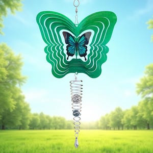 May include: A green metal butterfly wind spinner with a layered design. The center features a blue and black butterfly image. A silver spiral and crystal pendant hang below, creating a decorative outdoor accent.