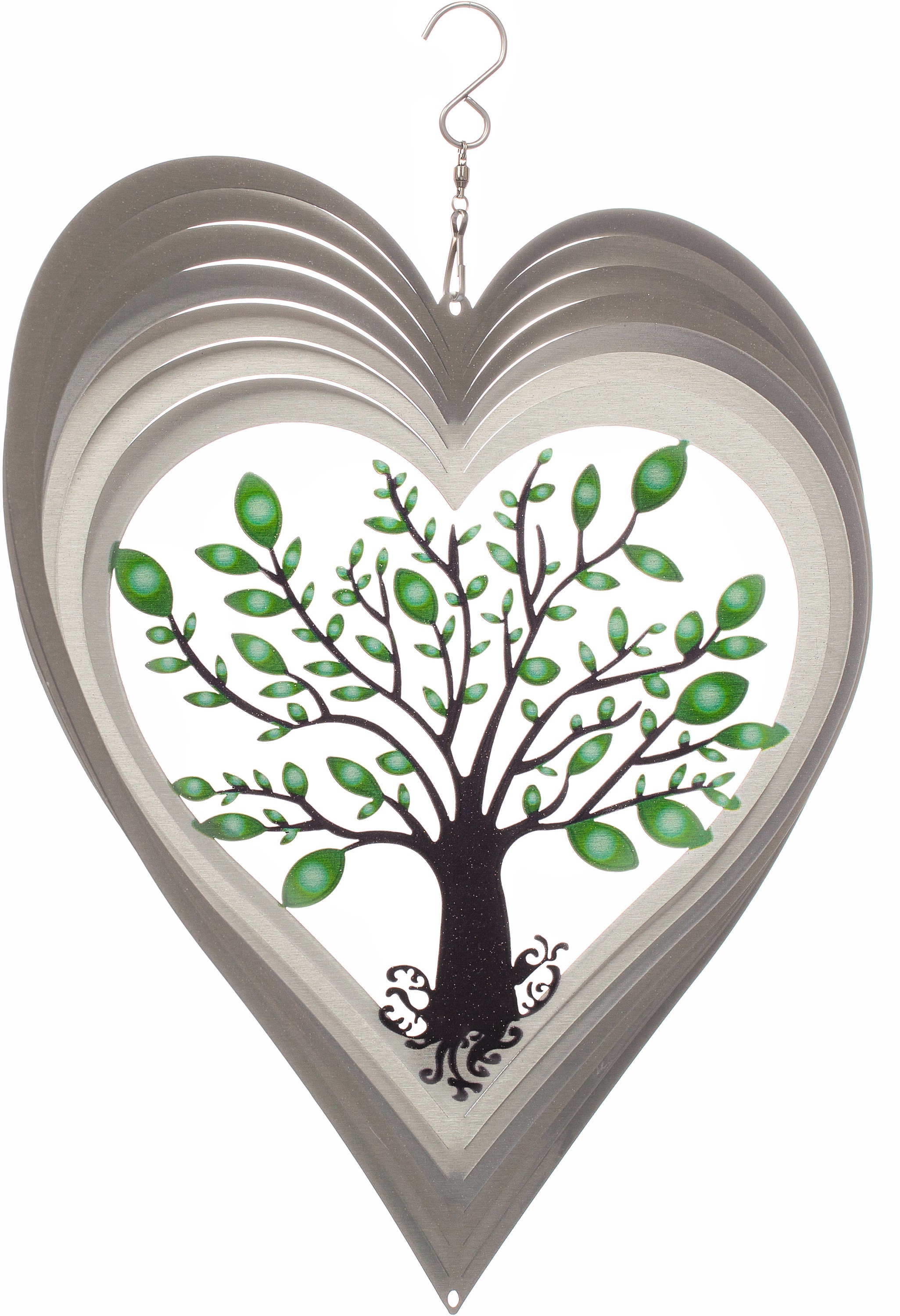 HANGING WIND SPINNER, Outside Décor, Spiral Wind Spinner, Garden Wind Spinner, Silver Heart Tree