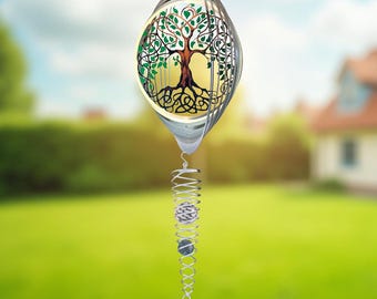Small Metal Tree of Life Wind Spinner: Hanging Weather Resistant with Gazing Ball