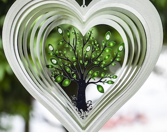 Silver Heart Wind Spinner with Crystals for Yard and Garden, Tree of Life Design, Hanging Outdoor Decor, Weather Resistant, Free Shipping