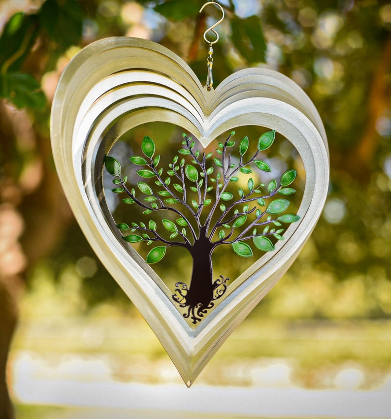 HANGING WIND SPINNER, Outside Décor, Spiral Wind Spinner, Garden Wind Spinner, Silver Heart Tree