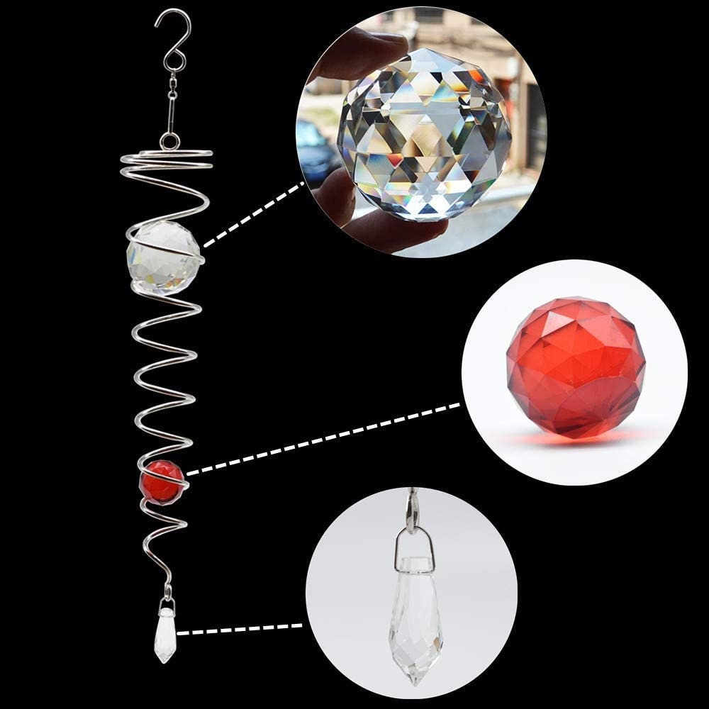 Spiral Crystal Ball Wind Spinner, 2x Crystal Glass Orb Pendant