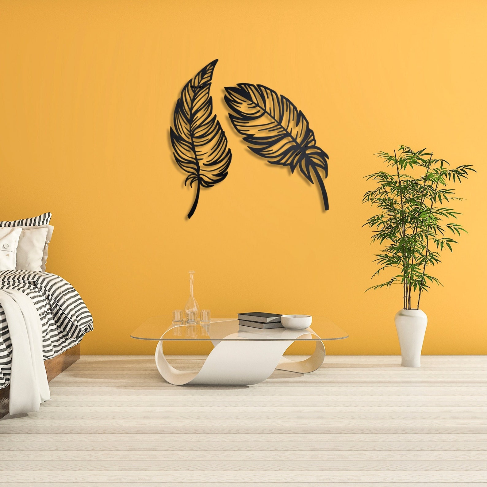 Set of Two Feather Metal Wall Art Metal Wall Decor Feather Etsy