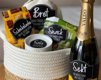 Labels · bread, salt, champagne, chocolate, snack| Housewarming gift | Housewarming gift | Inauguration house | Bread salt intake