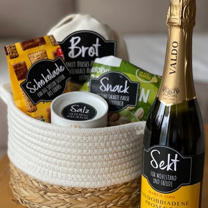 Labels · Bread, salt, sparkling wine, chocolate, snack | Housewarming gift | Housewarming gift | Housewarming house | Bread salt housewarming
