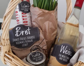 Etiketten · Brot, Salz, Wein, Schoki | Einzugsgeschenk | Geschenk zur Einweihung | Einweihung Haus | Aufkleber Brot Salz Einzug