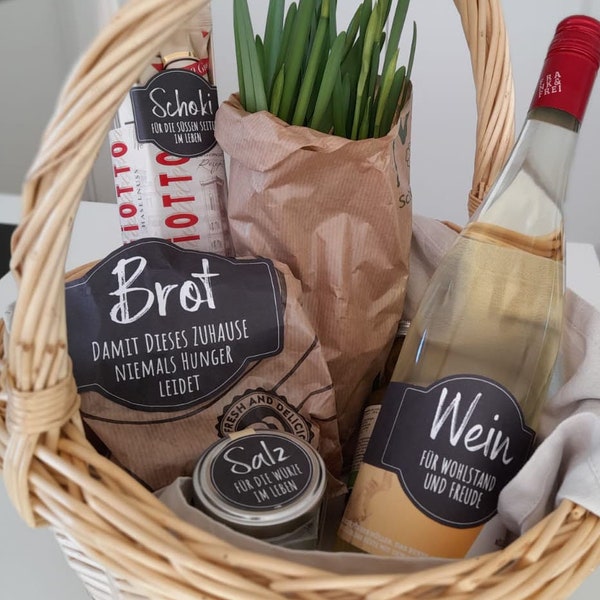 Labels · Bread, salt, wine, chocolate | Housewarming gift | Housewarming gift | Inauguration house | Sticker bread salt indentation