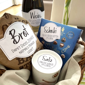 For the housewarming gift: Housewarming labels salt, bread, wine, chocolate | Housewarming gift stickers bread salt | DOWNLOAD