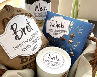 Für das Einweihungsgeschenk: Etiketten Einweihung Salz, Brot, Wein, Schoki | Einzugsgeschenk Aufkleber Brot Salz | DOWNLOAD