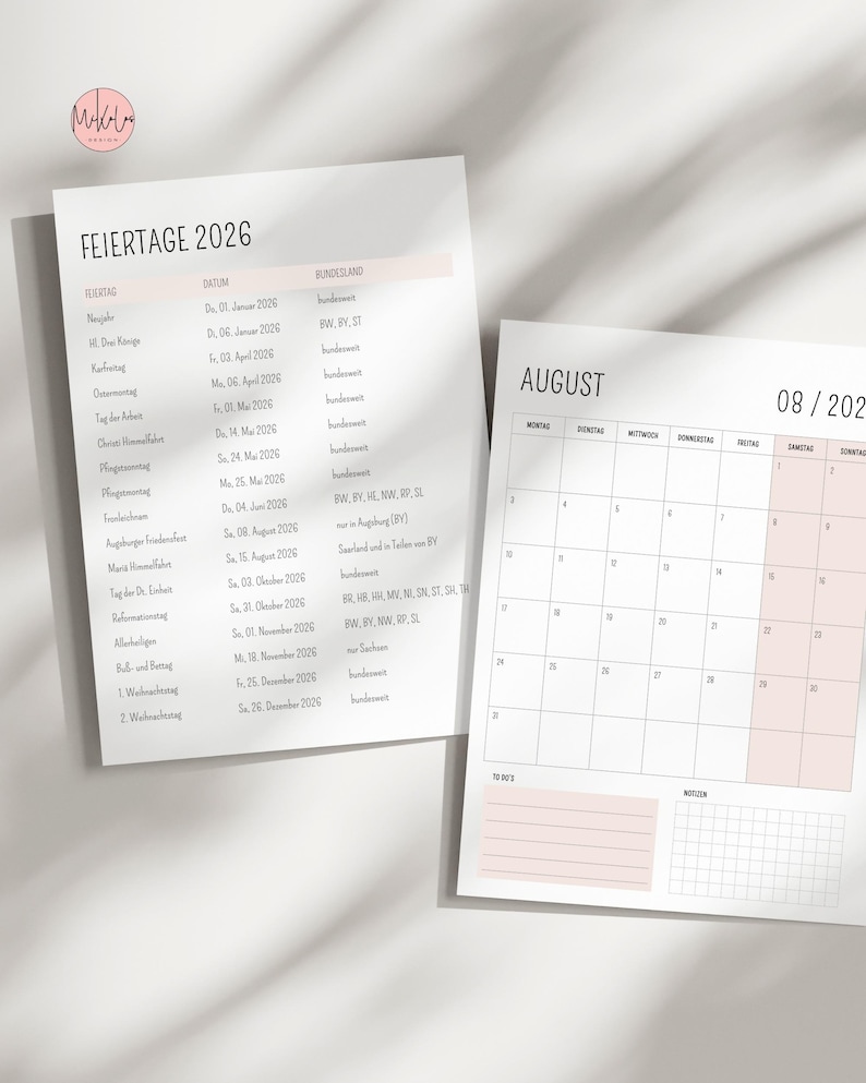Kalender 2026 zum Ausdrucken | Kalender deutsch 2026 | Jahreskalender