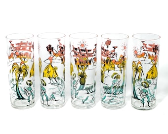 Set mit 5 Vintage Bartlett Collins Tropical Strandgläsern | Mid Century Cocktail Gläser | Tiki Bar Party Dekoration