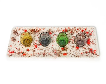 Vintage 70s Keramiktablett - Atomic Splatter Glaze - Handgefertigte rechteckige Servierschale, rot & braun auf weiß - 32 cm lang
