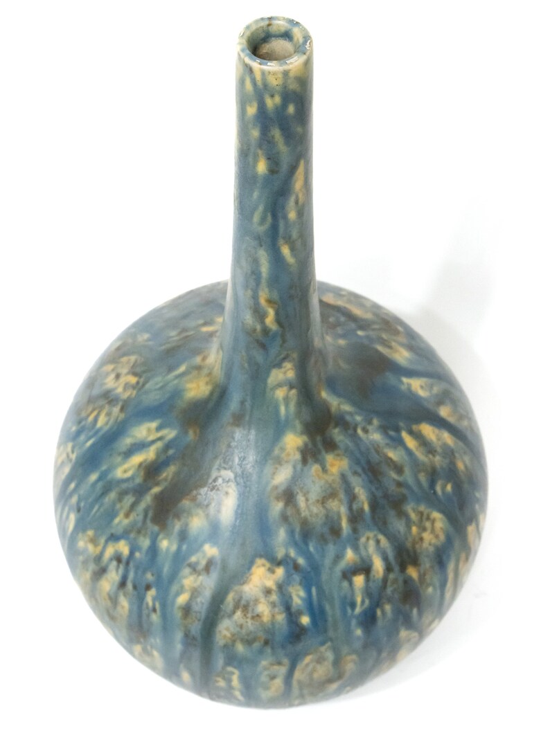 Early 20th Century Bretby Antique Tall Bottle Vase Matte Blue Multi
