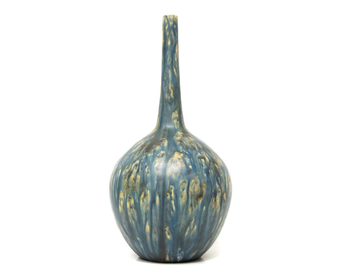 Early 20th Century Bretby Antique Tall Bottle Vase Matte Blue Multi