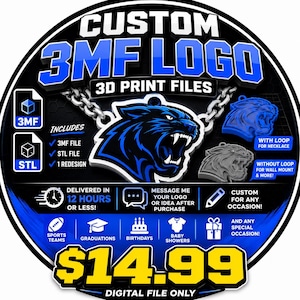 May include: A digital graphic for custom 3D print files featuring a panther logo. The text reads CUSTOM 3MF LOGO 3D PRINT FILES, includes 3MF and STL file icons, and shows a panther pendant with and without a necklace loop. The design is blue and black.