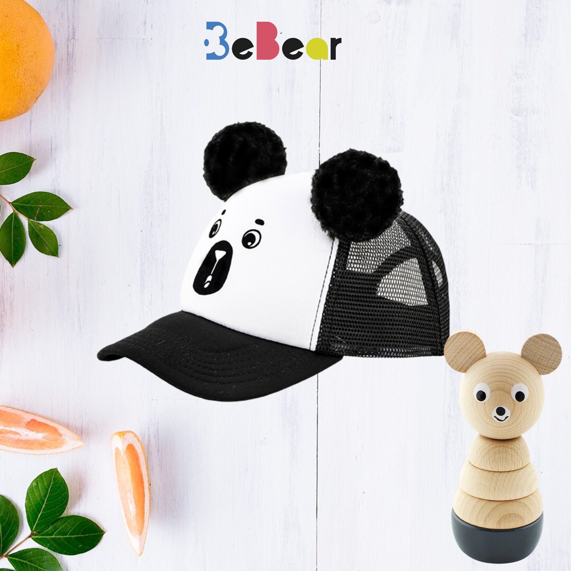 Boys Trucker Hat / Black Bear Hat with Ears / Pom Pom Hat / Funny Toddler Hat / Baby Bear Cap