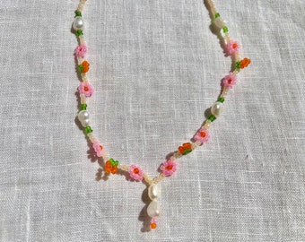 Freshwater pearl beaded necklace with flowers and fruits | Fruit Necklace | Pearl Choker | Fruit choker |  seed bead necklace | peach