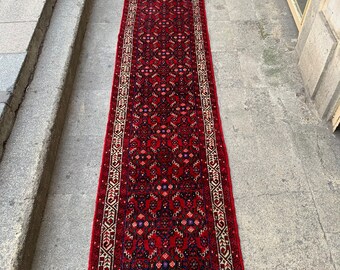 Handgemaakt wollen vloerkleed loper: 2'8'' x 16'5'', etnisch dorpsontwerp
