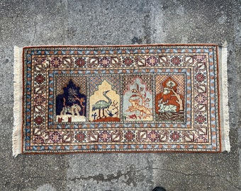 Handgemaakt vloerkleed van zijde en katoen, met een etnisch dorpsontwerp (59 x 114 cm)