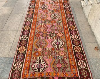 Handgemaakt wollen kilimkleed (145 cm x 372 cm)