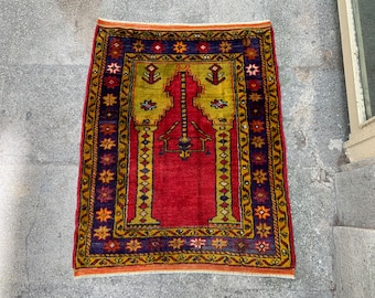 Handgemaakt wollen dorpstapijt, klein organisch tapijt (86 cm x 119 cm)