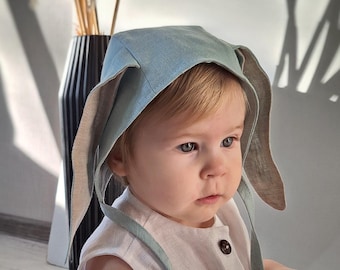 Linen Baby Bonnet with Bunny Ears – Organic Double Layer Baby Hat – Handmade Easter Bonnet – Natural Linen Baby Hat