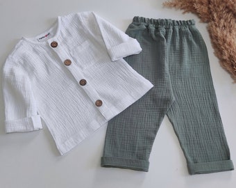 Organic baby clothes White muslin shirt and pants Double gauze long sleeve shirt set Harem pants Summer baby boy outfit Toddler kids clothes