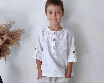 1st birthday shirt for boy, White baby boy organic muslin long sleeve shirt with button Toddler wedding muslin shirt, cotton summer outfit