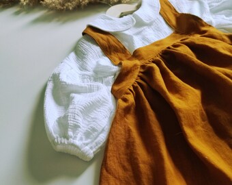 Ochre girls dress  Linen baby clothes Mustard baby dress Pinafore dress