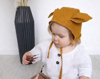 Linen Baby Bonnet with Fox Ears – Handmade Soft Washed Linen Hat – Natural Toddler Bonnet – Double layer toddler hat Eco Friendly Baby Gift