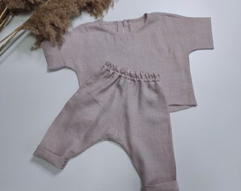 Organic linen boho style Rustic suit girl Harem pants Neutral baby suit Sustainable kids clothing Pink summer toddler outfit Handmade