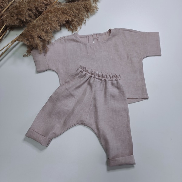 Costume rustique en lin style bohème pour fille Sarouel Costume bébé neutre Vêtements durables pour enfants Tenue d'été rose pour tout-petits