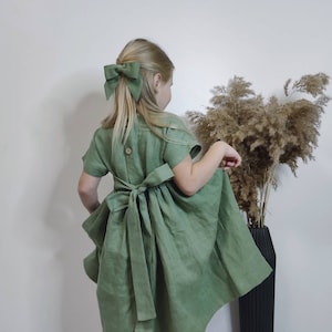 Sage green party dress, organic washed linen kids clothing, First birthday linen baby dress, boho flower girl dresses, mustard toddler dress