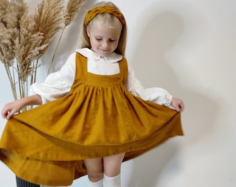 Pinafore dress for baby and toddler girl Linen pinafore dress Kids linen outfit Rustic natral clothes Ohra Mustard Rust pinafore with straps