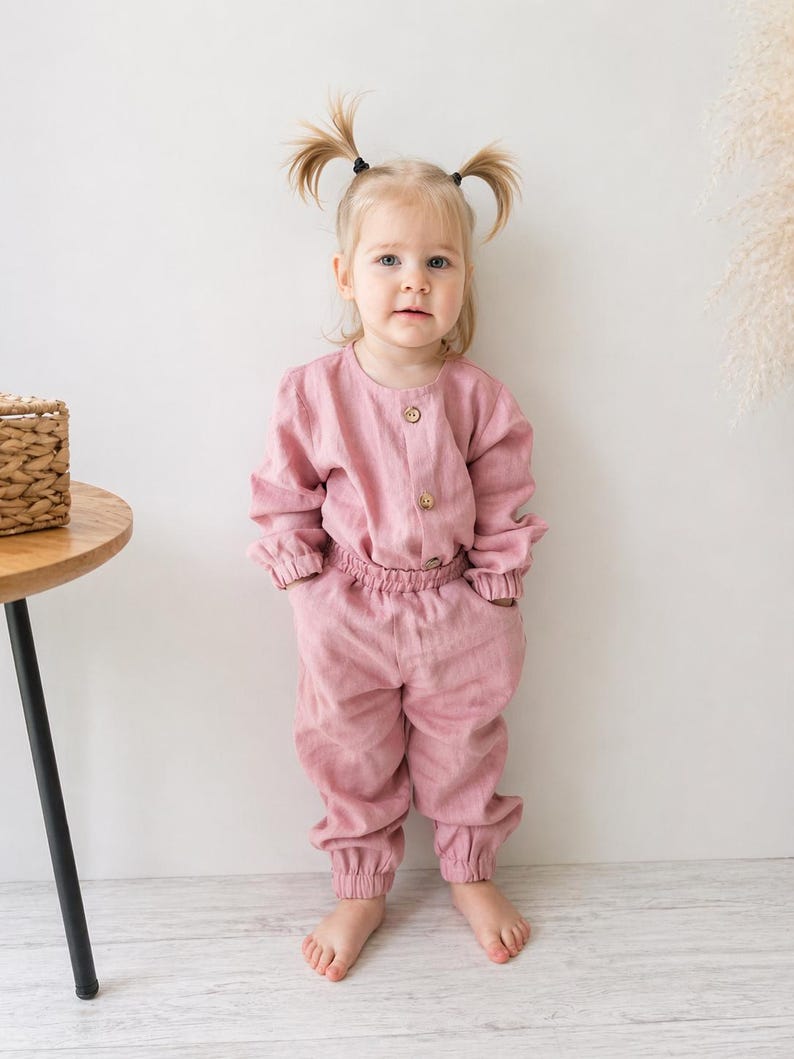 Puede incluir: Un conjunto de dos piezas en color rosa empolvado que consta de una parte superior de manga larga con cuello redondo y tres botones frontales, junto con pantalones tipo jogger a juego con cintura el&aacute;stica, pu&ntilde;os y bolsillos laterales.