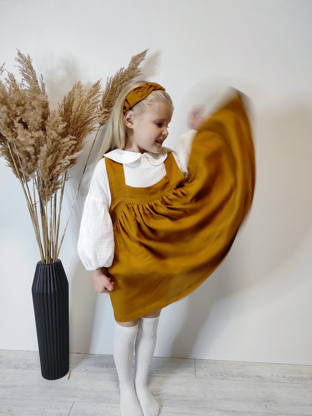 Mustard Linen Pinafore Dress Baby and Toddler Girl Linen Dress Etsy