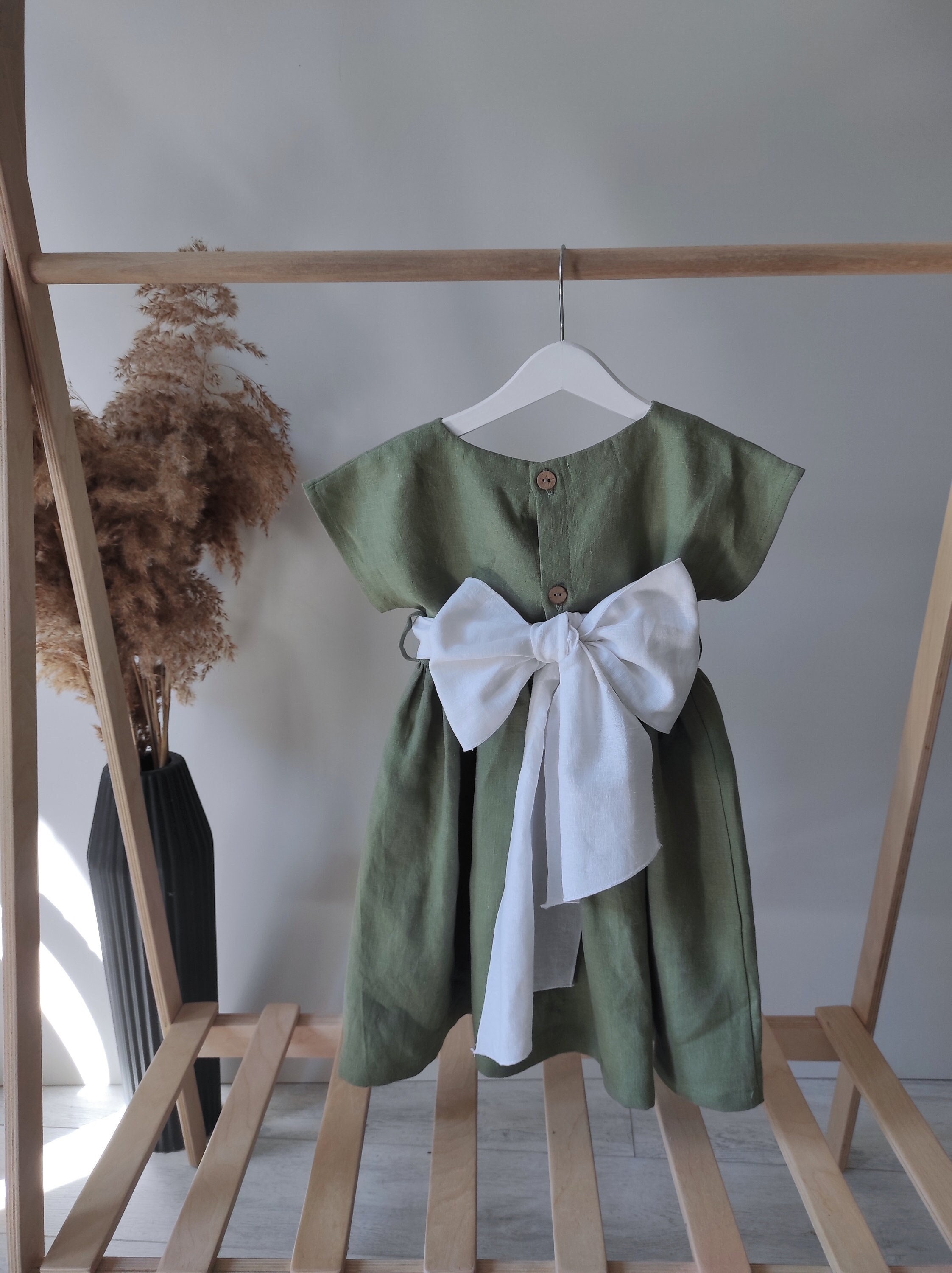First birthday linen baby dress, boho flower girl dresses, Sage green party dress