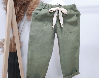 Boho linen pants Sage green pants with pockets Baggy toddler trousers Organic kids clothes Gender neutral baby clothing Sustainable clothes