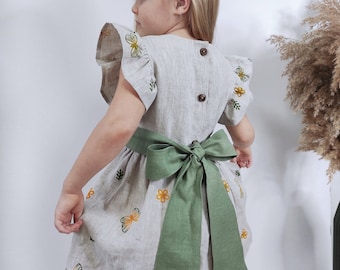 Unique hand painted baby dress, sage green flower girl dresses, organic linen toddler clothing, hadmade child dress with belt, boho rustic