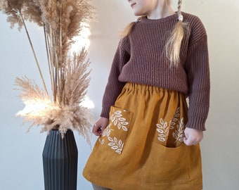 Roestkleurige meisjeslinnen rok Boho linnen babyrokje Natuurlijke organische peuterkleding Rustieke meisjeslinnen midirok Zomer kinderkleding Mosterd